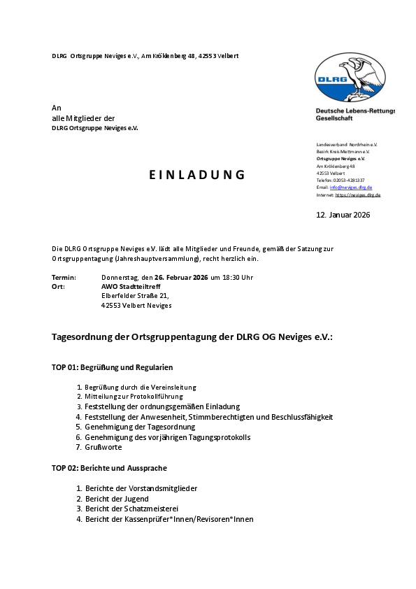 Einladung Jahreshauptversammlung DLRG Neviges e.V.